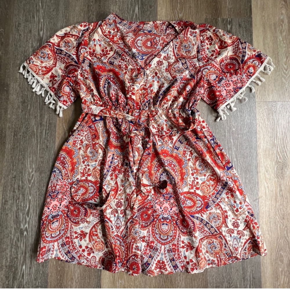 Paisley Mini Dress Womens One Size Red Tassel Fringe Boho Festival‎
